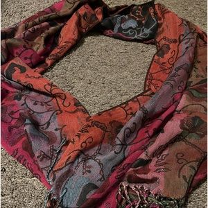 Scarf, multiple colors. Black with mauve, olive, brown, etc